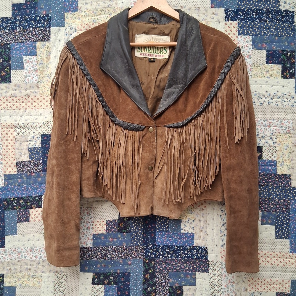 VTG Sunriders Western Wear Suede Fringe Jacket XL Brown Leather Boho Cowgirl